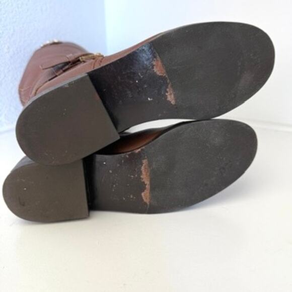 TORY BURCH Riding Boots Brown Leather Zip Knee High Logo Buckle Women 7M - Picture 6 of 13